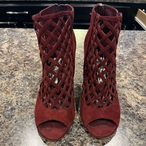 Jimmy Choo Burgundy Lattice Peep-Toe Heels